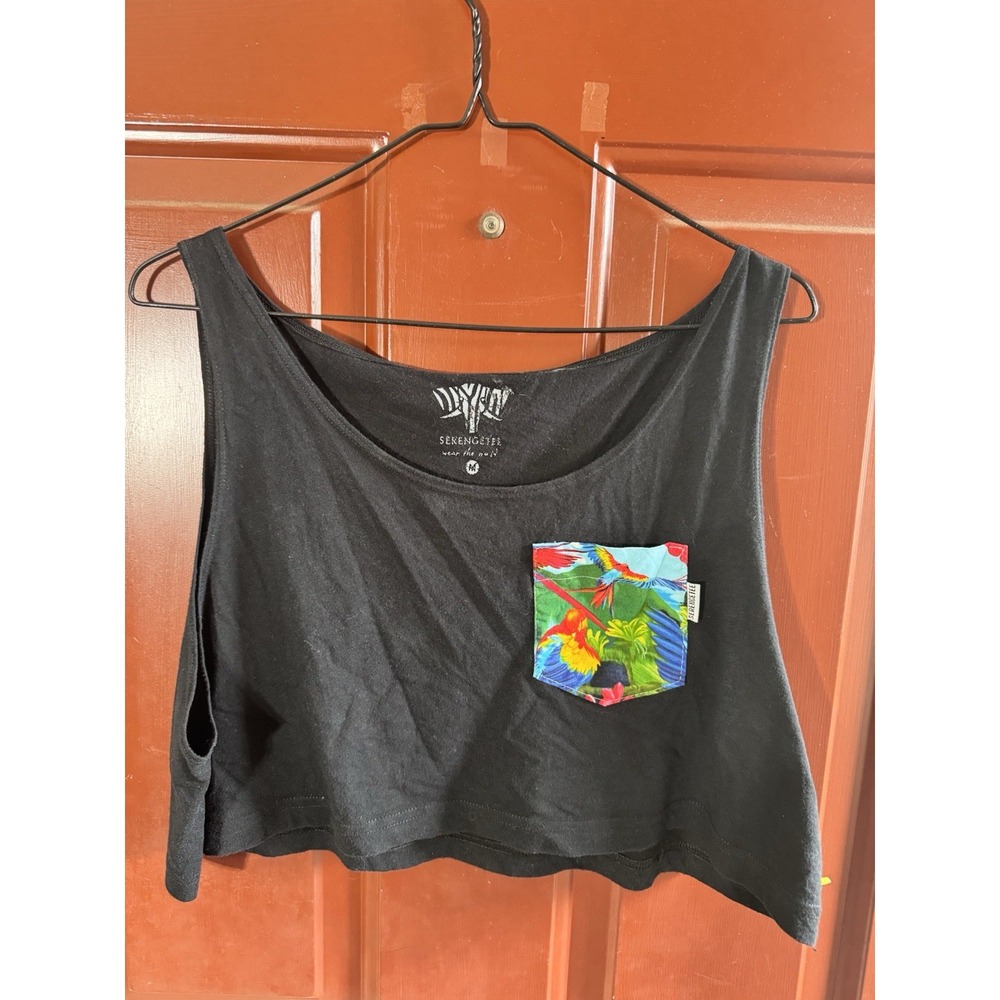Women's black Crop Top cut off mid drift tank top Serengetee Size M Birds Floral